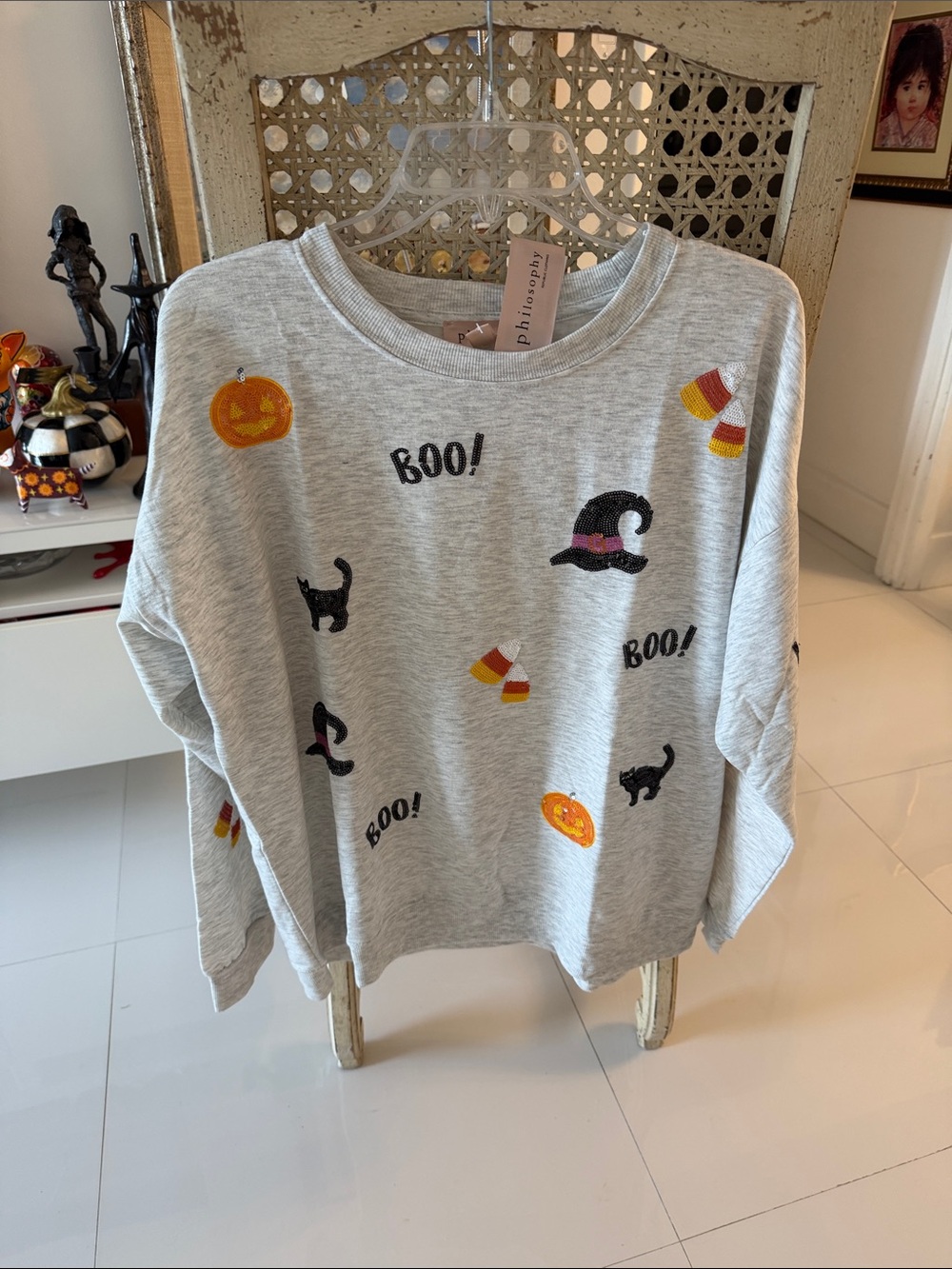 Philosophy Halloween Gray/Orange/Black Sequins Cats/Pumpkins/Boo! Sweatshirt